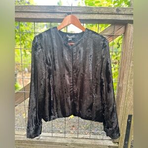 Valerie Stevens Black Crushed Velvet Hook & Eye Cropped Cardigan Blazer Top PL